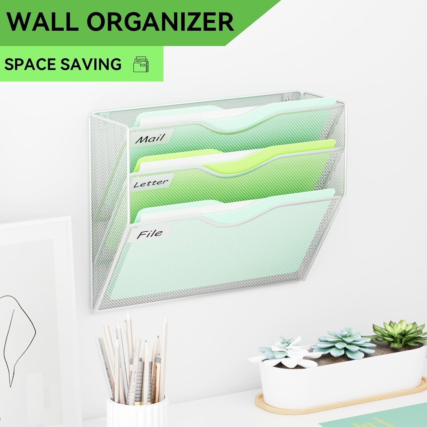 5 Pockets Mesh Hanging Wall File Holder Organizer Wall Mounted Paper Magazine Rack, Black