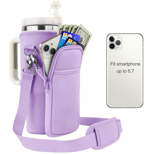 Cangroo Water Bottle Carrier Bag for Stanley 40oz Tumbler Cup Bag Pouch with Large Phone Holder & Carrying Strap & & Straw Covers, Stanley Cup Accessories