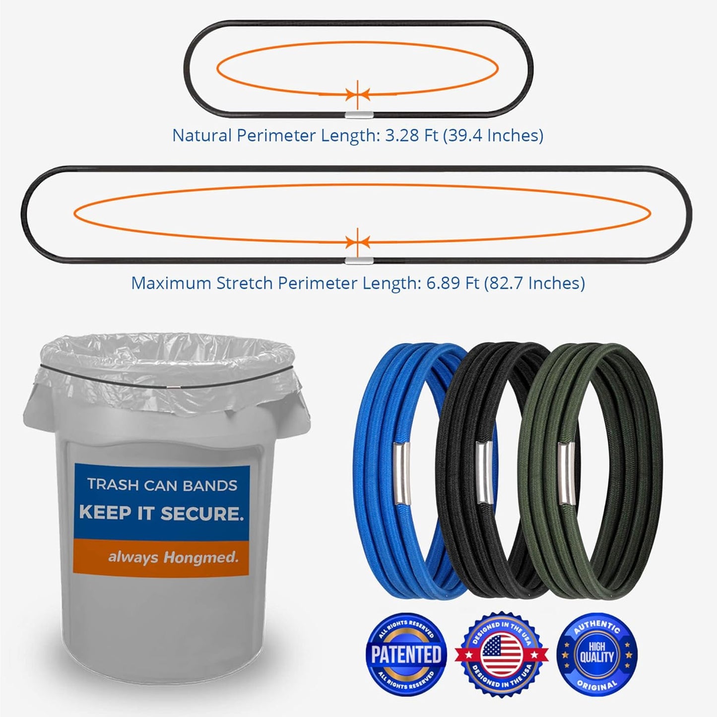 Trash Can Bands Set of 3, Fits 32 to 55 Gallon Cans, Large Elastic Rubber Bands for Kitchen/Office/Garage, Secure Garbage Bags(Black/Blue/Green)