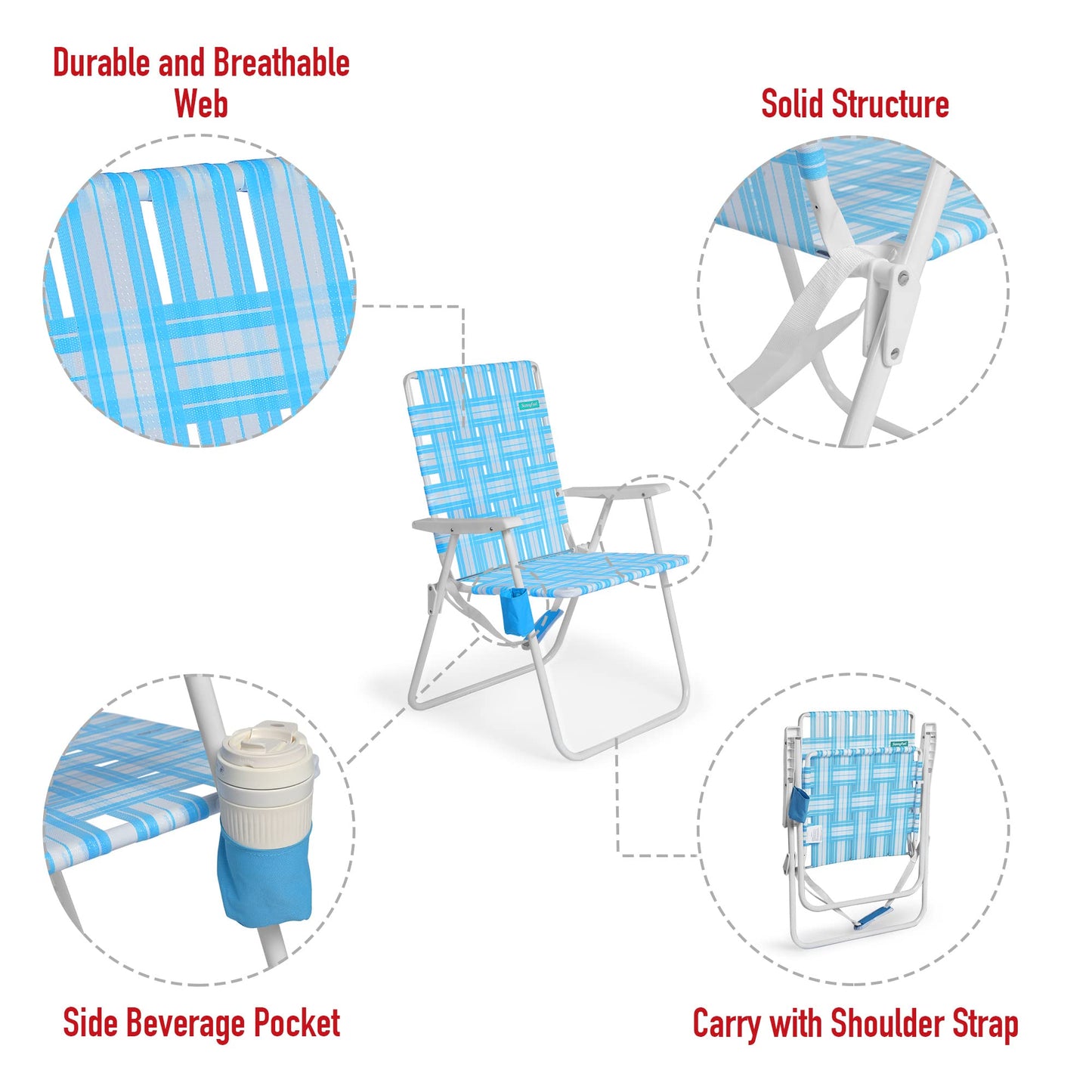 SUNNYFEEL 15" Tall Folding Webbed Beach Chair, Oversized Portable High Seat Sand Chair for Adults Heavy Duty 300 LBS, Foldable Camping Webbed Lawn Chairs for Camp/Outdoor/Travel/Picnic/Concert/Sports