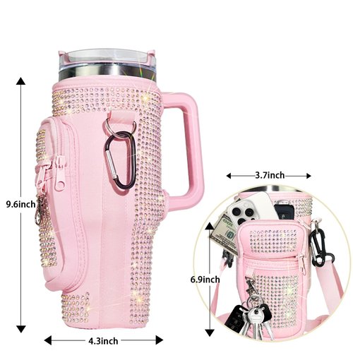 mpmpssss Shining Diamond Water Bottle Carrier Bag with Phone Pocket for Stanley 40 oz Tumbler Neoprene Water Bottle Holder Pouch with Adjustable Strap Bollus & Carabiner for Stanley Cup Accessories.