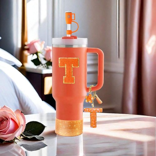 Stanley Cup Accessories Set of 6 PCS, Including Letter Stickers, Letter Chains, Straw Caps, Cup Sleeves, and Spill Proof Stoppers, Orange, 30 Oz 40 Oz, Water Bottle Carrier Set(Cup Not Included)