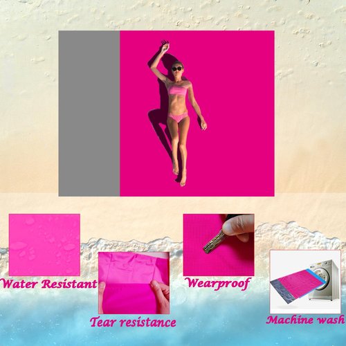 NiKiBysh Outdoor Pocket Blanket Extra Large Beach Blanket Sandproof 82″x 78″for 4-6 Adults Compact Foldable Quick Drying Lightweight Picnic Blankets Waterproof with 4 Stakes & Bag (Pink+Grey)