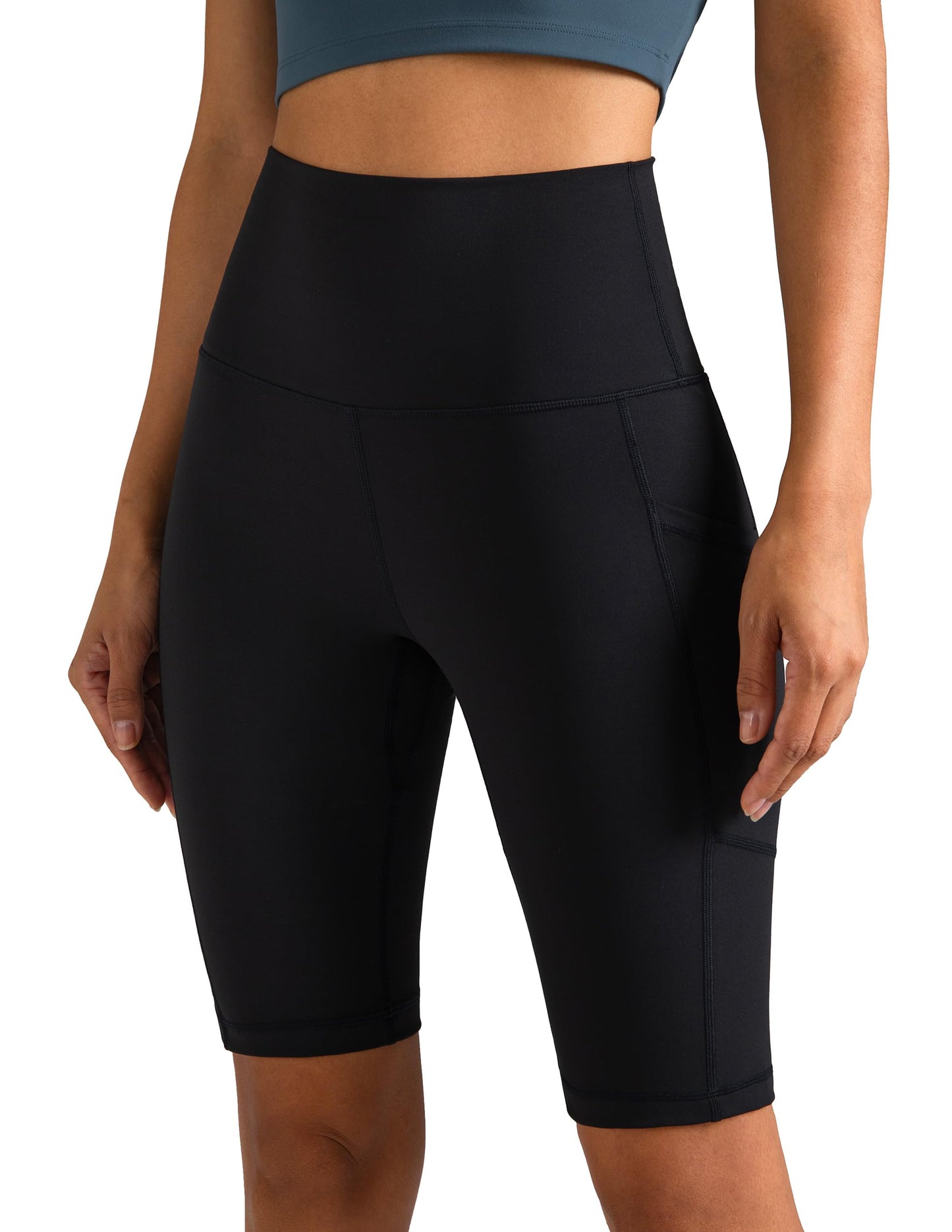 Colorfulkoala Women's High Waisted Biker Shorts with Pockets - 10" Inseam Workout Yoga Shorts Running Tights (L, Black)