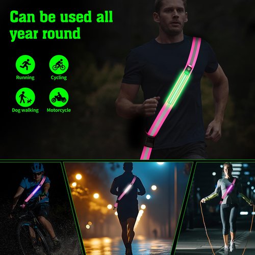 LED Reflective Belt Sash,6 Lights Colors & 3 Light Modes High Visibility Night Rechargeable Safety Belt Adjustable Reflective Running Gear for Men Women Running Cycling Walking and Dog Walking