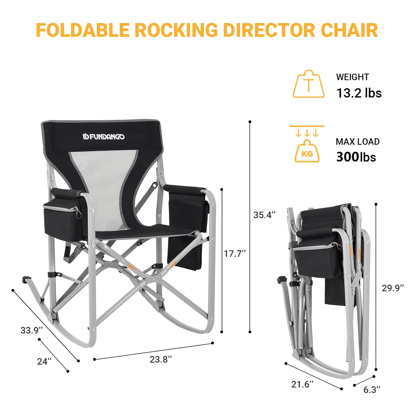 FUNDANGO Rocking Camping Chair，Portable Foldable Camping Chair, Oversized Camp Chair with Padded Back and seat, Cooler Bag for Adults Outdoor Travel