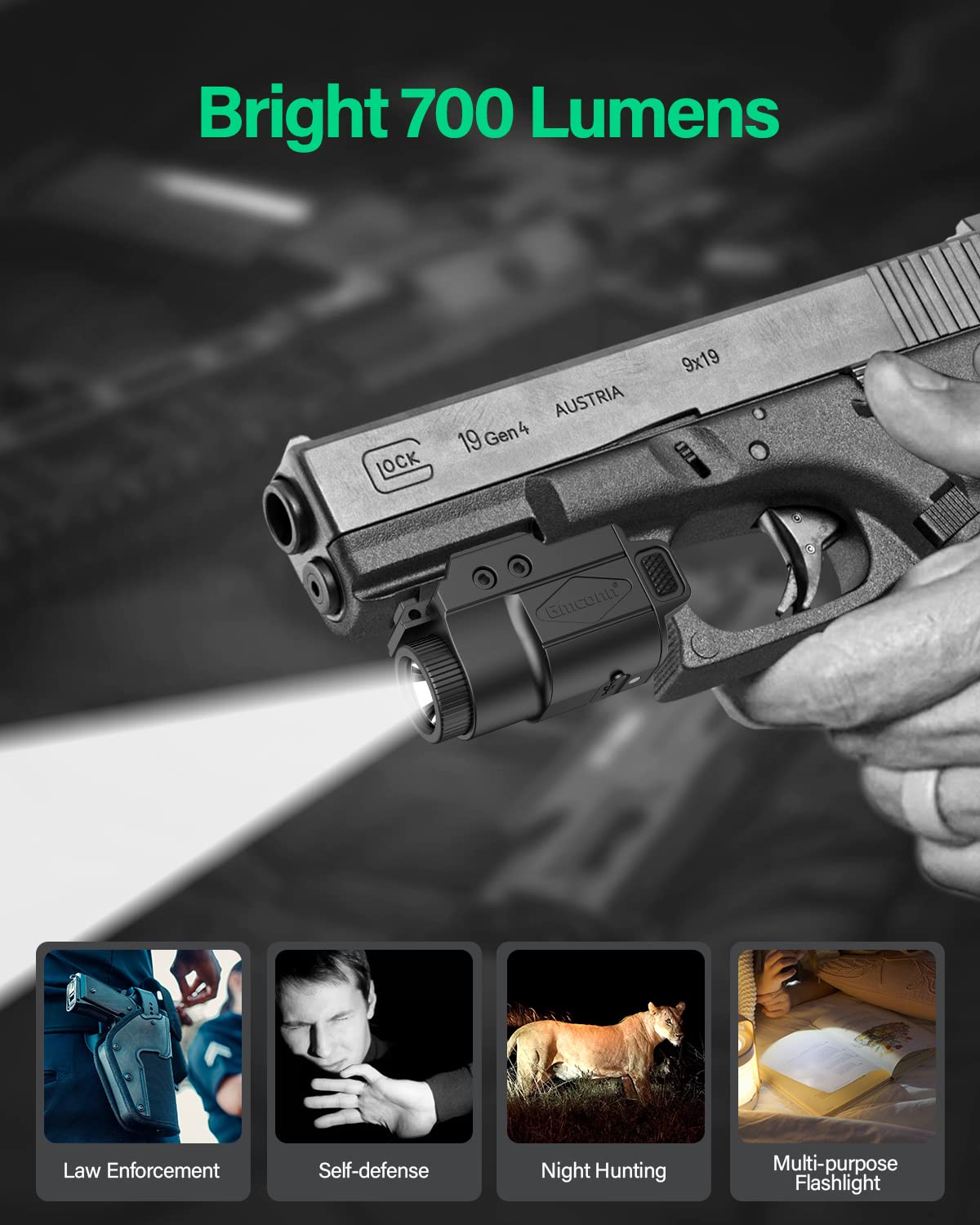 Gmconn 700 Lumen Pistol Light, Compact Adjustable Rail Mounted Flashlight Mini Weapon Light with Strobe Mode for Picatinny MIL-STD-1913, Glock (700 Lumen)