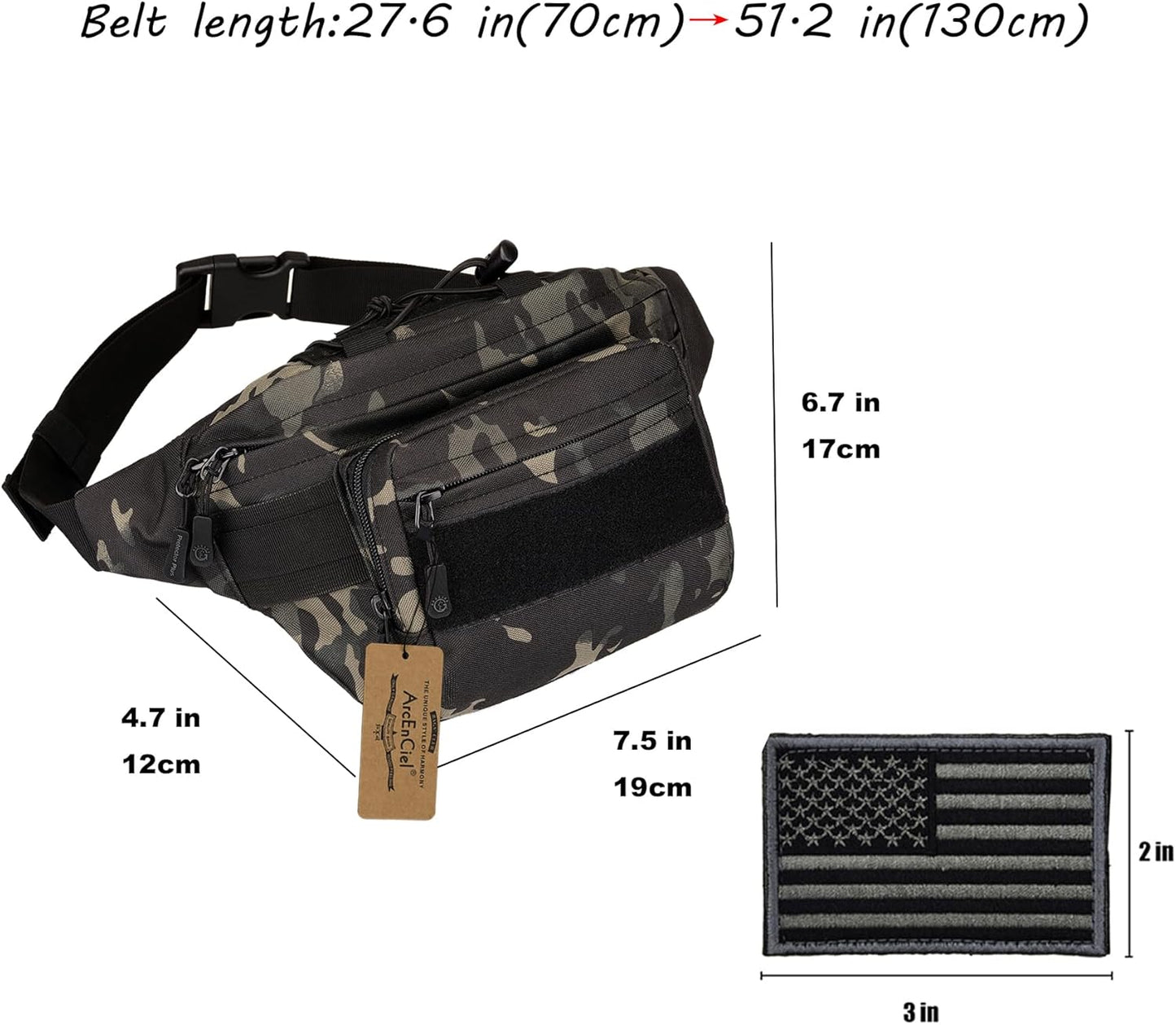 ArcEnCiel Tactical Fanny Pack for Men Waist Bag Military Hip Belt Outdoor Hiking Fishing Bumbag with Patch