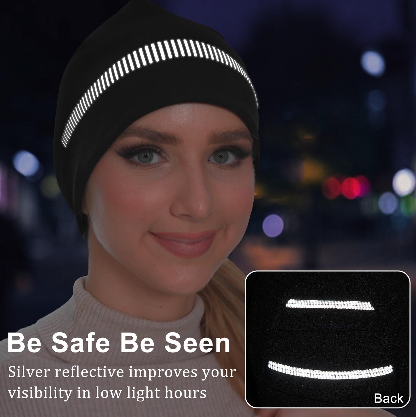 GADIEMKENSD Ponytail Beanie for Women Running Winter Hat with Reflective Accents Thick Warm Skull Cap Messy High Bun Hat for Cold Weather Ski Snowboard Hiking Workout Golf Black