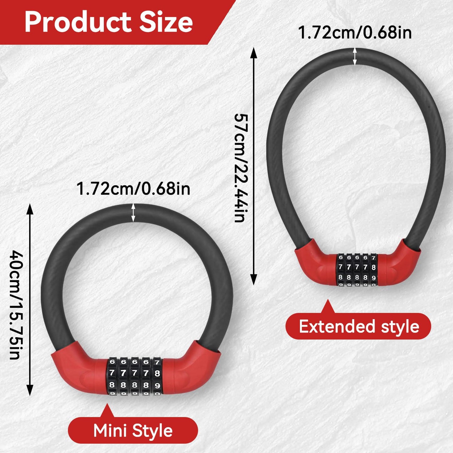 5 Digit Combination Bike Cable Lock, Lightweight Bicycle Lock Anti Theft Resettable Combination Portable Bicycle Cable Locks for Bike, 15inch, Red