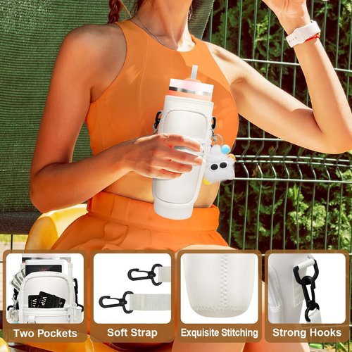 DYDMTT Water Bottle Carrier Bag with Two pockets Adjustable Strap for Pink Stanley Cup, Phone, Bank Cards Water Bottle Bag