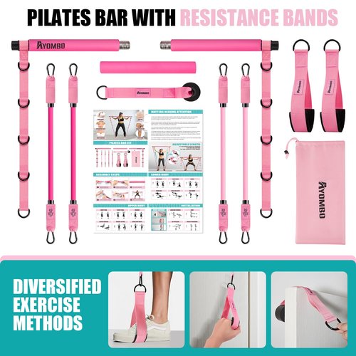 Ayombo Pilates Bar Kit with Resistance Bands, Adjustable Pilates Equipment for Legs, Hip, Waist, Arm, Squats Exercise Equipment for Home Gym Workouts, 3-Section Pilates Bar Kit for Women & Men