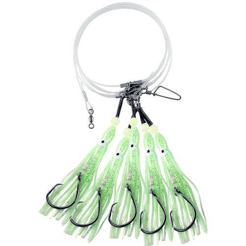 Dr.Fish Deep Drop Rigs 6ft Glow Squid Rig Lures for Saltwater, Halibut Bottom Fishing Surf Trolling Lure for Stripers Trout Tuna Tilefish 6/0 X 5
