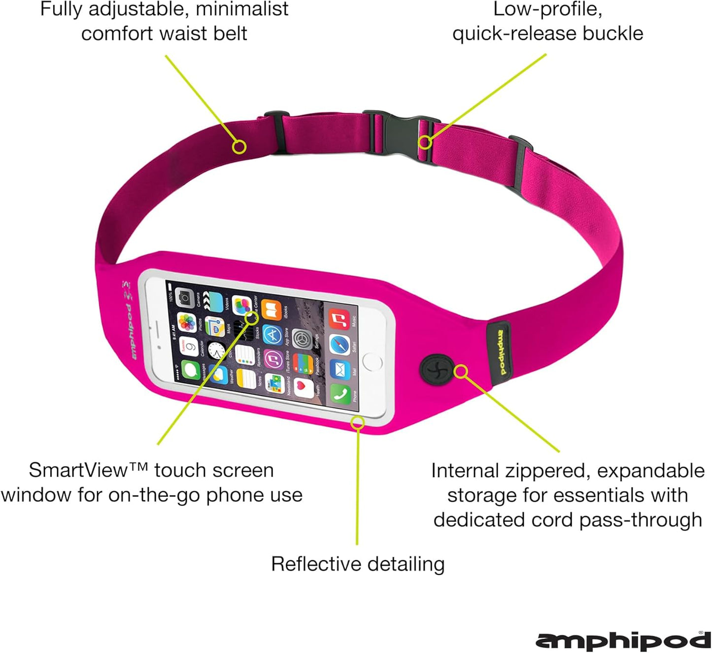 Amphipod SmartView Waistpack, Touch-Screen Phone Compatible Storage for Running, Jogging & Walking, Men & Women - Pink - XL
