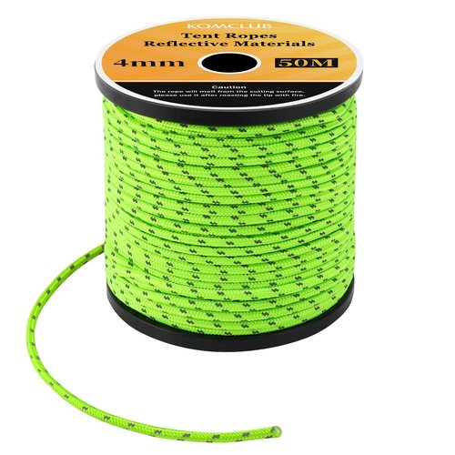 KOMCLUB 50M Reflective Guy line Tent Cords Solid 4mm Lightweight Camping Rope Braid Tent Guide Guy Straps for Tent Tarp Canopy Shelter Camping Hiking Backpacking Water Activities Survival Gear (GREEN)
