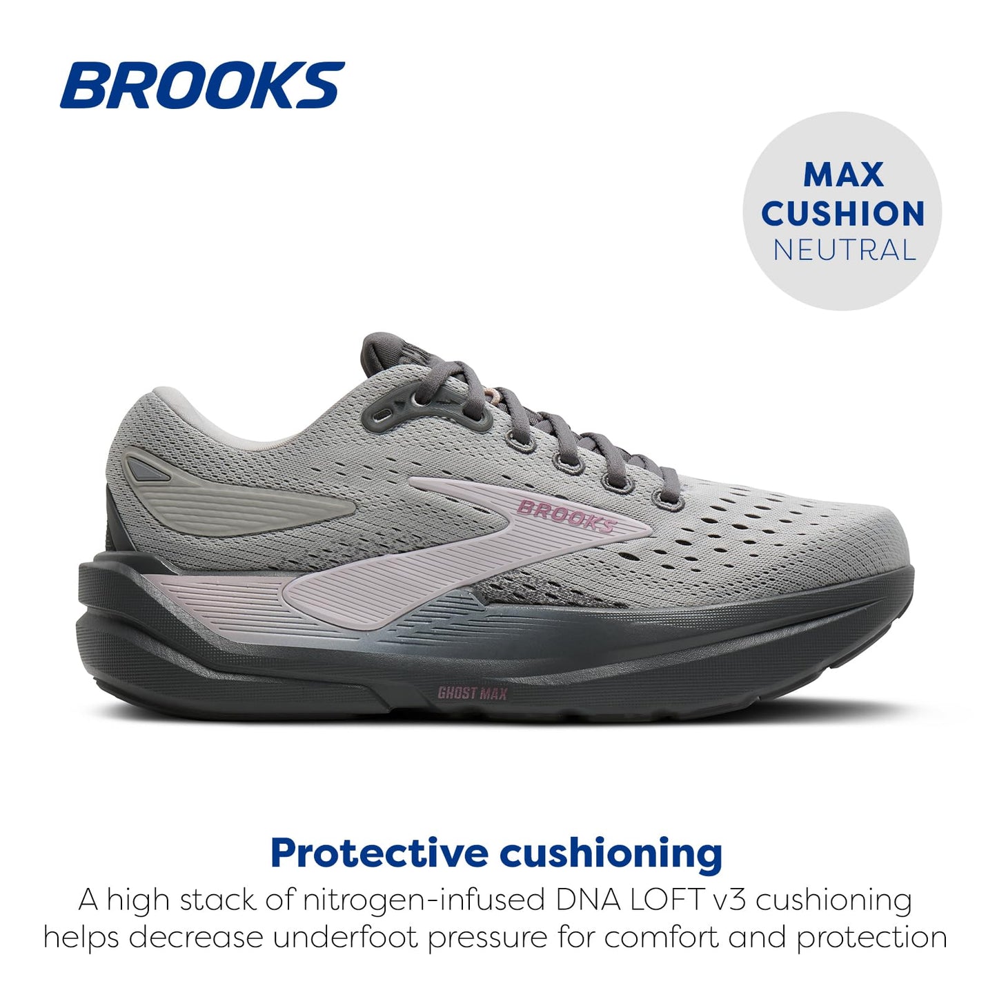 Brooks Women’s Ghost Max 3 Neutral Running & Walking Shoe - Harbor Mist/Poppy Seed/Pink - 8 Medium