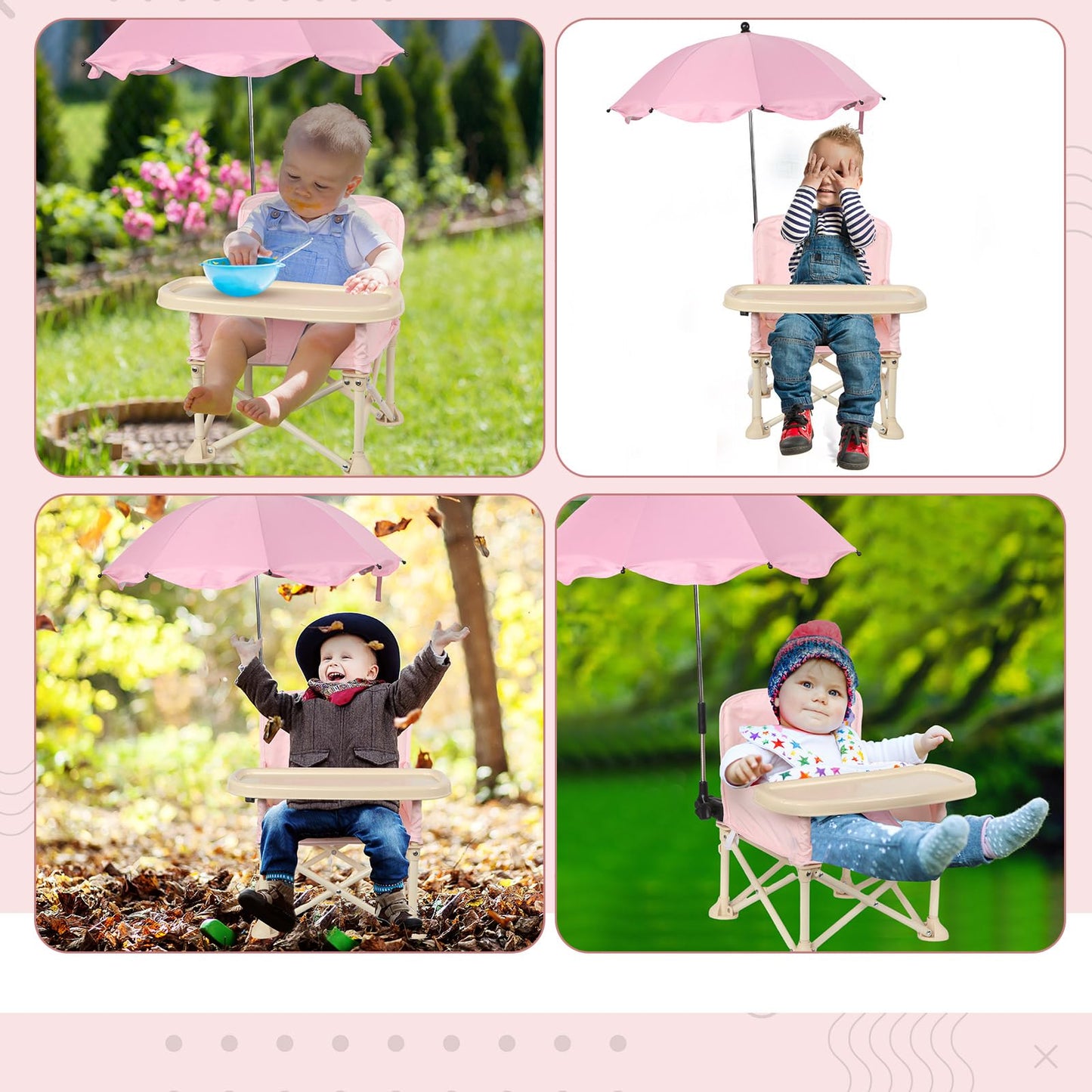 Suzile Outdoor Beach Chair with Umbrella Travel Booster Seat with Tray Compact Folding Chair Portable Booster Chair with Storage Bag, Backrest Pocket for Dining Table, Camping (Baby Pink)