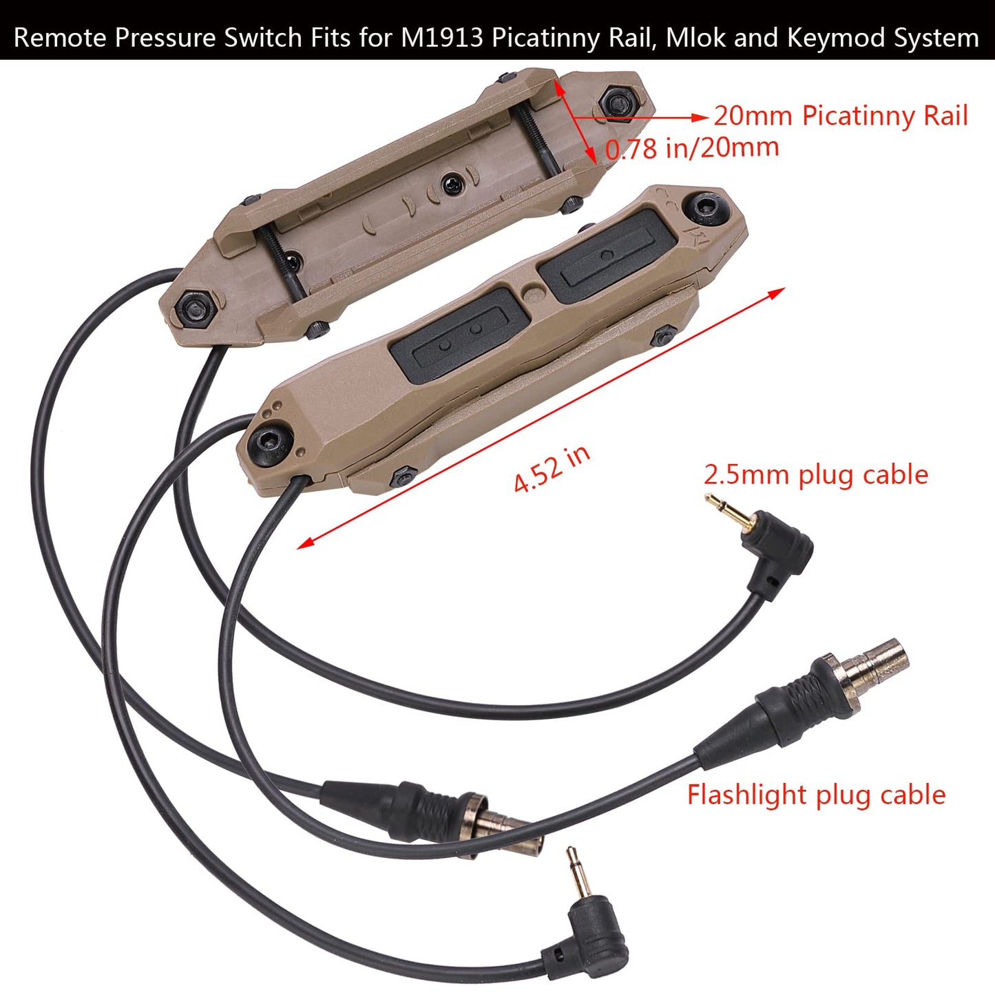Fineonly Dual Remote Flashlight Pressure Switch Tactical Light Switch Augmented Tape Switch with Tactical Light Plug and 2.5mm Plug Compatible with M300 M600 PEQ15 Series Tactical Lights