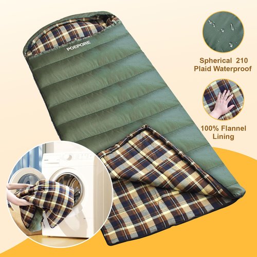 POEPORE Flannel Sleeping Bag Cotton 0 Degree Cold Weather for Adults XXL Sleeping Bag 4 Season Big and Tall with Pillow Compression Sack