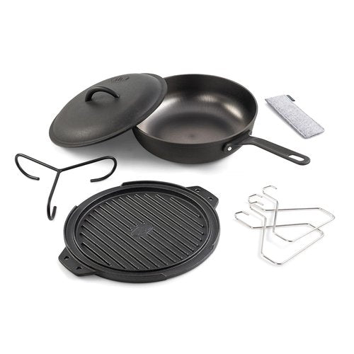 GSI Outdoors Guidecast Outdoor Cookset: 10" Deep Frypan with Dome Lid, Dual-Sided Cast Iron Griddle/Grill, Removable Handles
