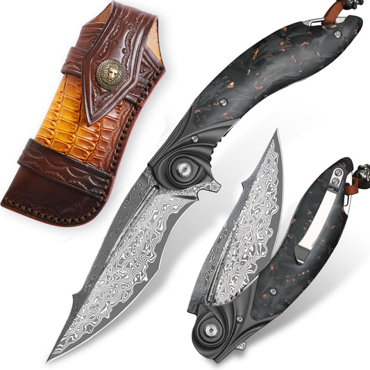 ALVELY handmade Folding Pocket Knife，Japanese Damascus steel 3.9in blade Men's folding knife，with Pocket Clip Leather Sheath，liner lock， Carbon Fiber Handle，fit EDC Outdoor camping Survival，gift
