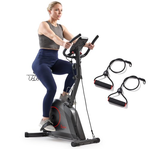 Sunny Health & Fitness Smart Exercise Bike w/Resistance Band, 300LB Capacity & 4-Way Adjustable Cushioned Seat, Home Cardio Cycling Machine for Full-Body Workout, Free SunnyFit App Bluetooth Connect
