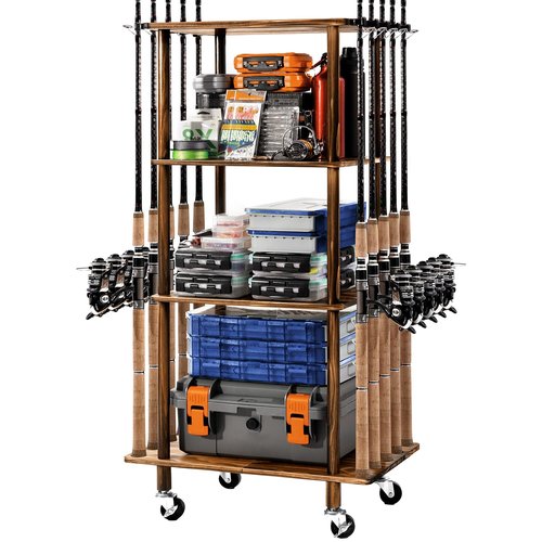 Ghosthorn Fishing Rod Holders for Garage Fishing Pole Rack Hold up to 10 Rods Fishing Pole Holders Wooden Organizer Fishing Rod Rack car Fishing Gear Storage Equipment (4 Tier)
