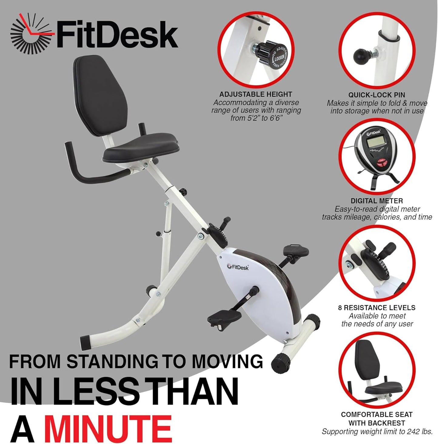 FitDesk Height Adjustable Exercise Desk Bike with Digital Performance Monitor, 8 Resistance Levels, Foldable Frame, Supportive Seat with Backrest, Supports Up to 242 lbs for Home & Office, White