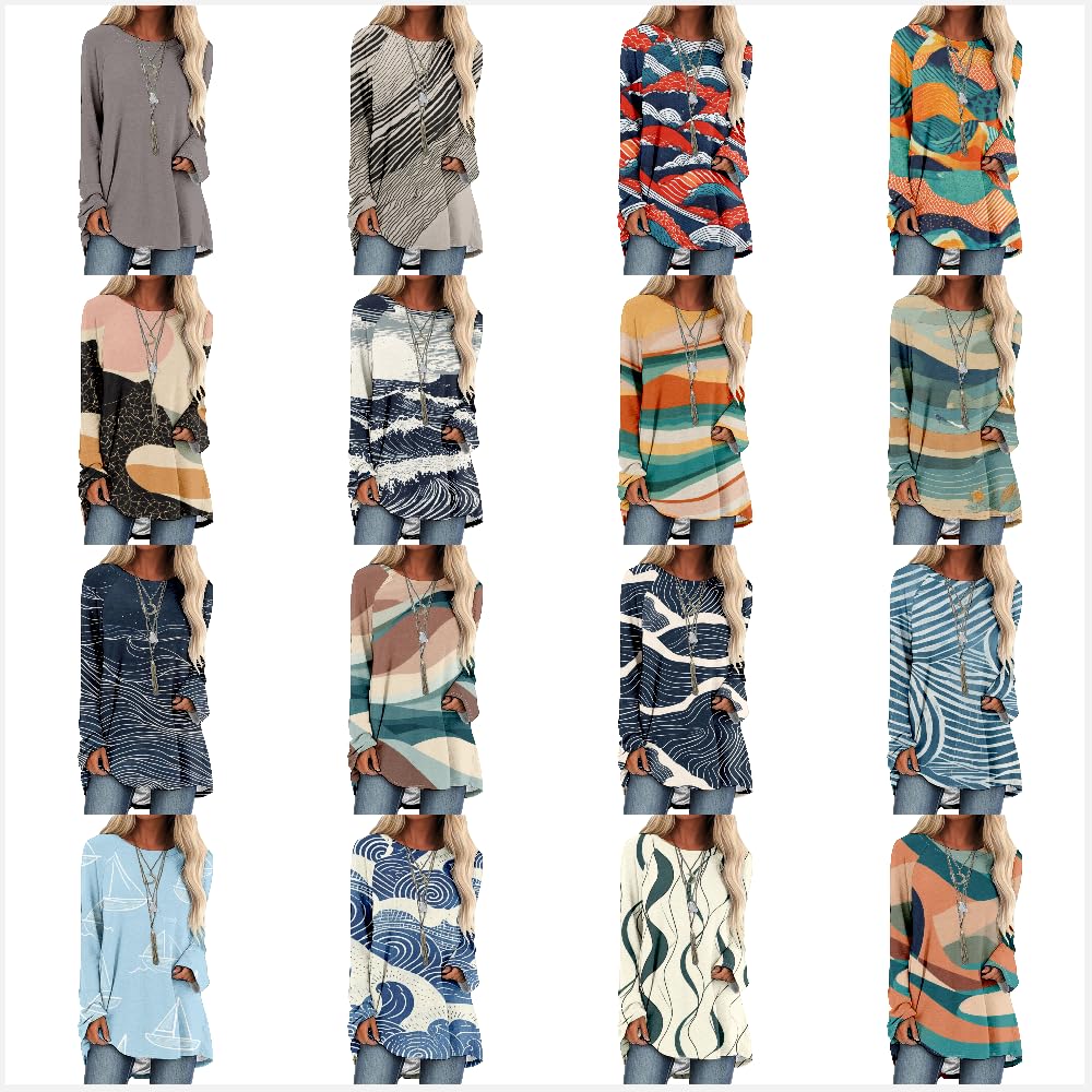 Plus Size Long Sleeve Tee Shirts for Women Loose Fit Fall Outfits 2024 Trendy Wave Linen Stripe Cotton Linen Tops Oversized Y2k Workout Yoga Pajama Crew Neck Casual Cotton Boho Winter Clothes,XL