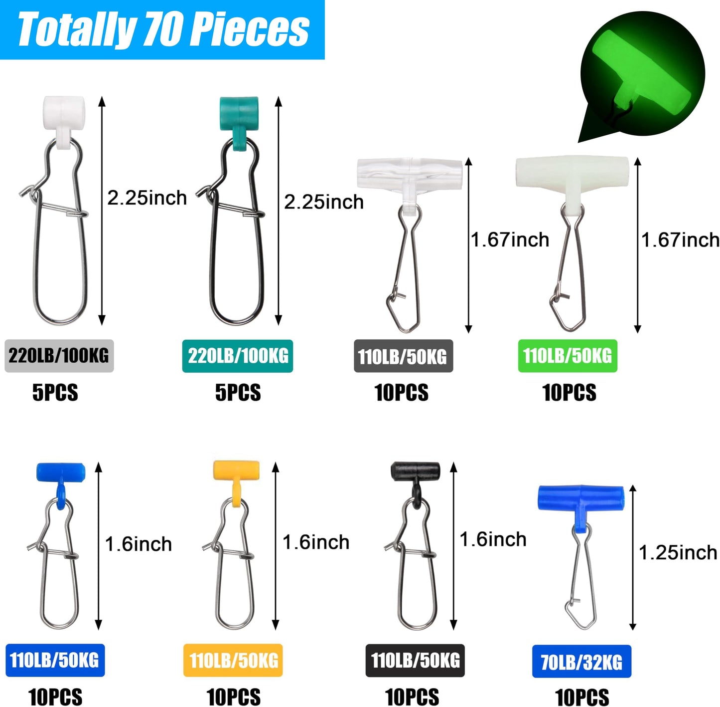 Fishing Line Sinker Slides, 70pcs Heavy Duty Sinker Slider with Stainless Steel Duo-Lock Snap Swivel Weights Connector for Catfishing Rig Tackle