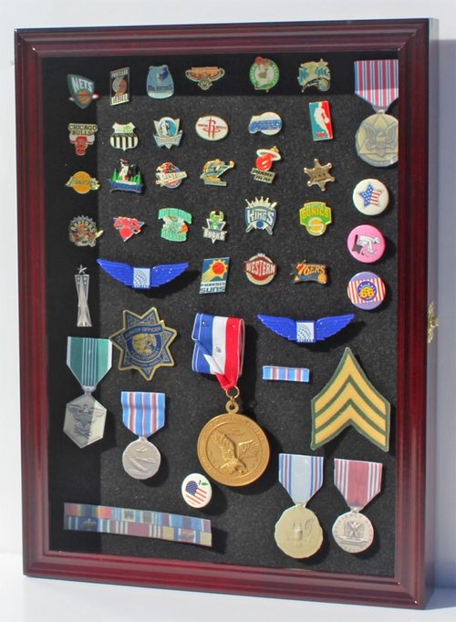 DisplayGifts Collector Medal Lapel Pin Shadow Box Display Case Holder Cabinet Shadow Box PC01 Cherry Finish