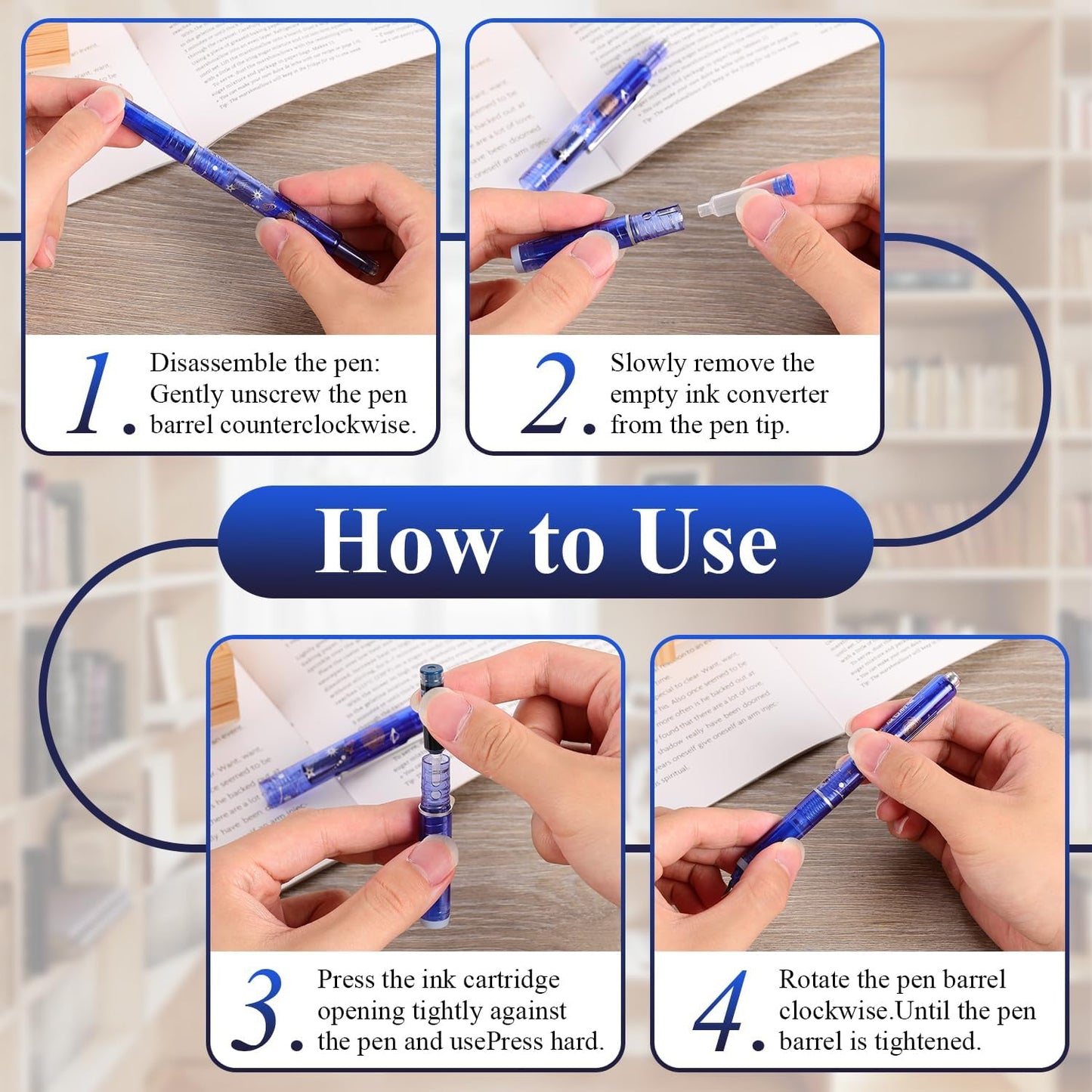 Protectivemethod Fountain Pen Retractable 0.38mm, Medium Nib Blue Ink,Transparent Barre, Smooth Writing No Leaking For School Office Writing, Includes 5 Refillable Ink Cartridges