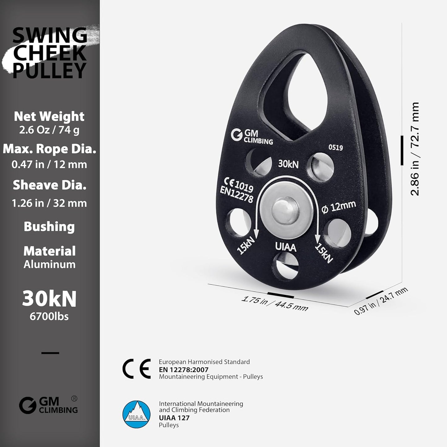 GM CLIMBING Swing Cheek Micro Pulley 30kN CE UIAA Certified