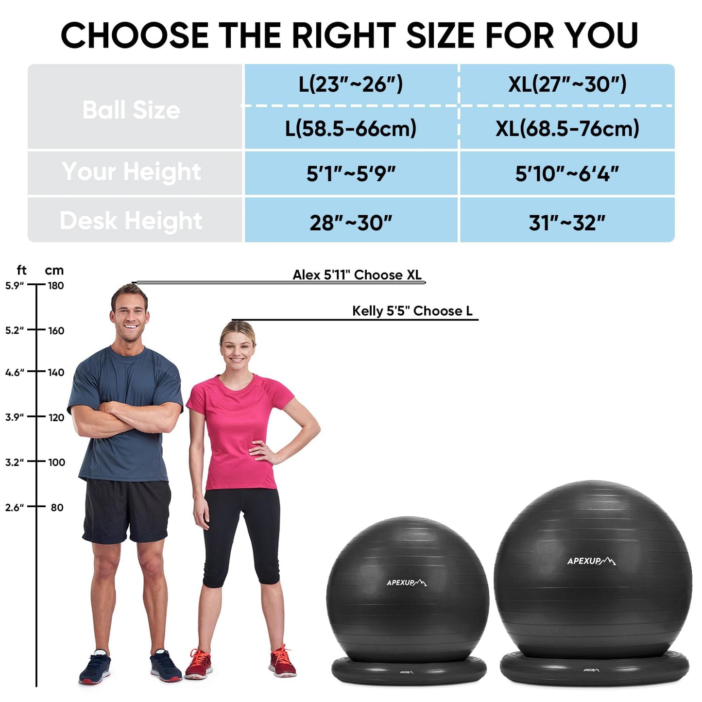 APEXUP Yoga Ball Chair, Exercise Ball Chair with Base for Office, Anti Slip Stability Ball Fitness Ball Seat, Home Gym Workout Ball, Balance Ball with Pump (Black, L)