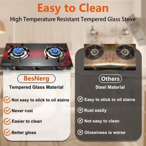 BesNerg Propane Stove 2 Burner Gas Stove, 28800 BTU High-Efficiency Auto Ignition Tempered Glass LPG Cooktop with CSA Regulator and Hose – for Outdoor Camping, RV, and Emergency Cooking