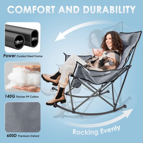 Suteck Heated Rocking Camping Chair, XL Oversized Rocking Chair Outdoor with 3 Heat Levels for Back and Seat, Heated Chairs Outdoor Sports W/20,000mAh Power Bank for Patio Lawn Picnic Travel