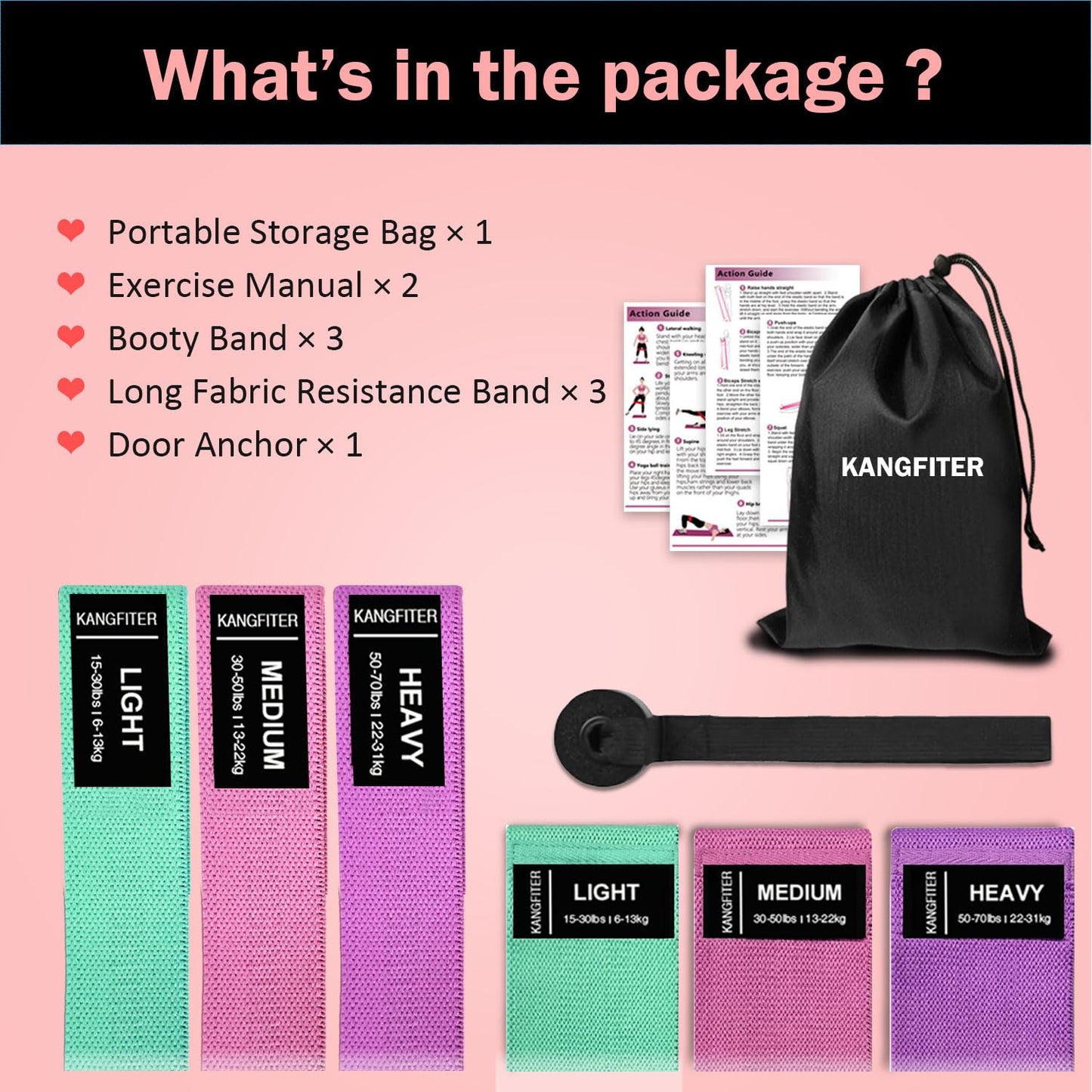 KANGFITER Long and Short Fabric Resistance Bands with Door Anchor 7 PCS, Non-Slip Stretch Booty Bands for Working Out Women & Men, Loop Exercise Elastic Bands for Home Physical Therapy Yoga Pilates