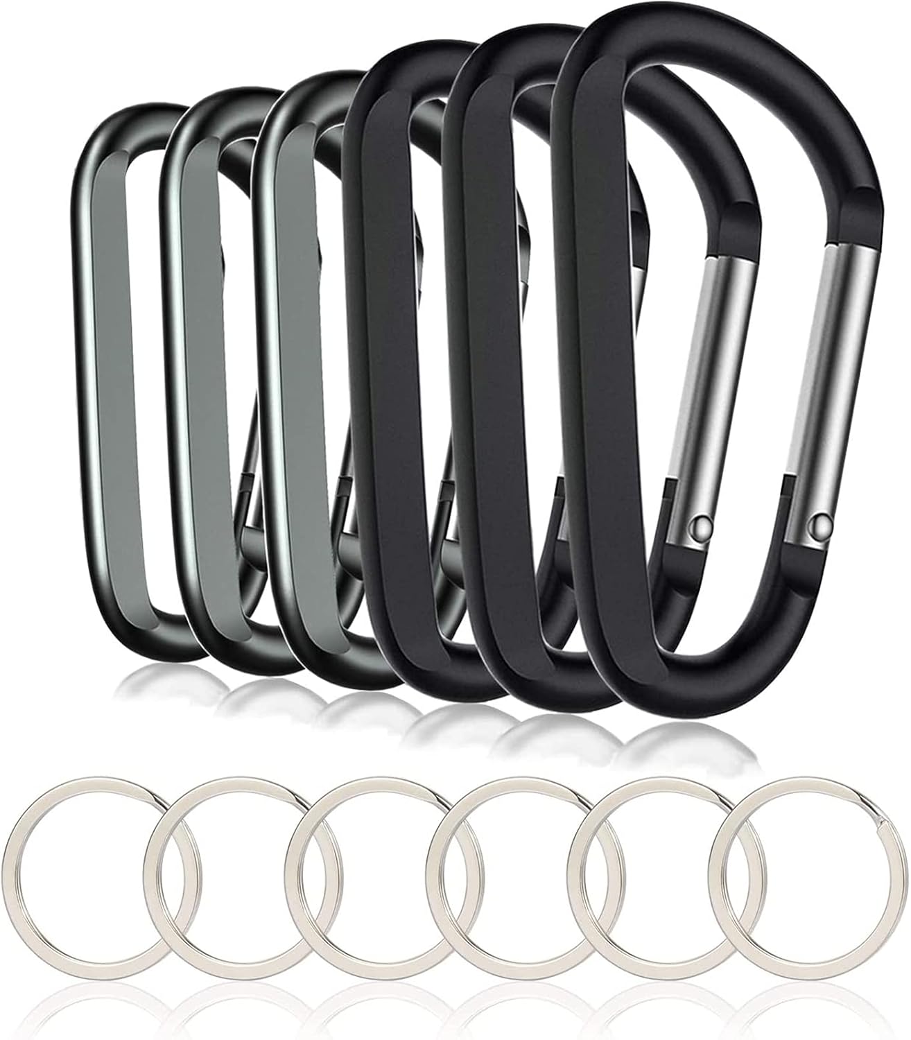 6PCS Black Carabiner Caribeaner Clip,3" Large Aluminum D Ring Shape Carabeaner with 6PCS Keyring Keychain Hook…