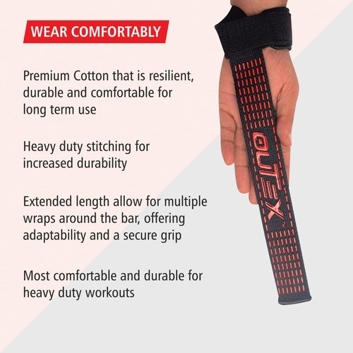 Outex Lifting Wrist Straps for Weightlifting, Gym, Powerlifting, Deadlifts, Bodybuilding, Workout, Strength Training - Premium Cotton with Neoprene Pad (Black-Red Silicone)