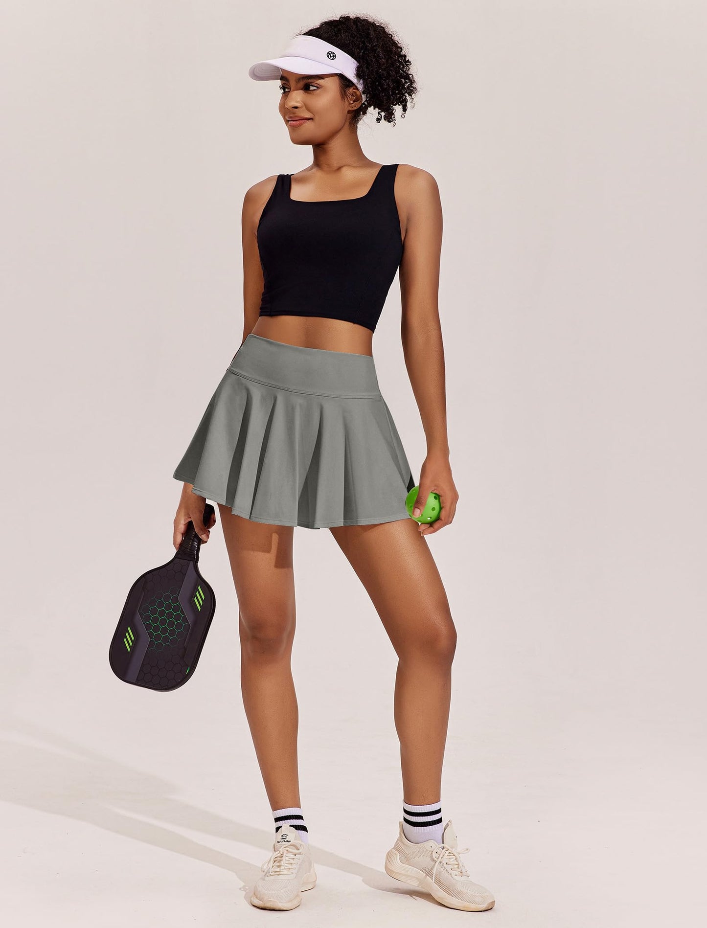 PINSPARK Women's Tennis Skirt with Shorts Tummy Control Golf Skorts High Waist Pickleball Skirts with Pockets Grey Sage XL