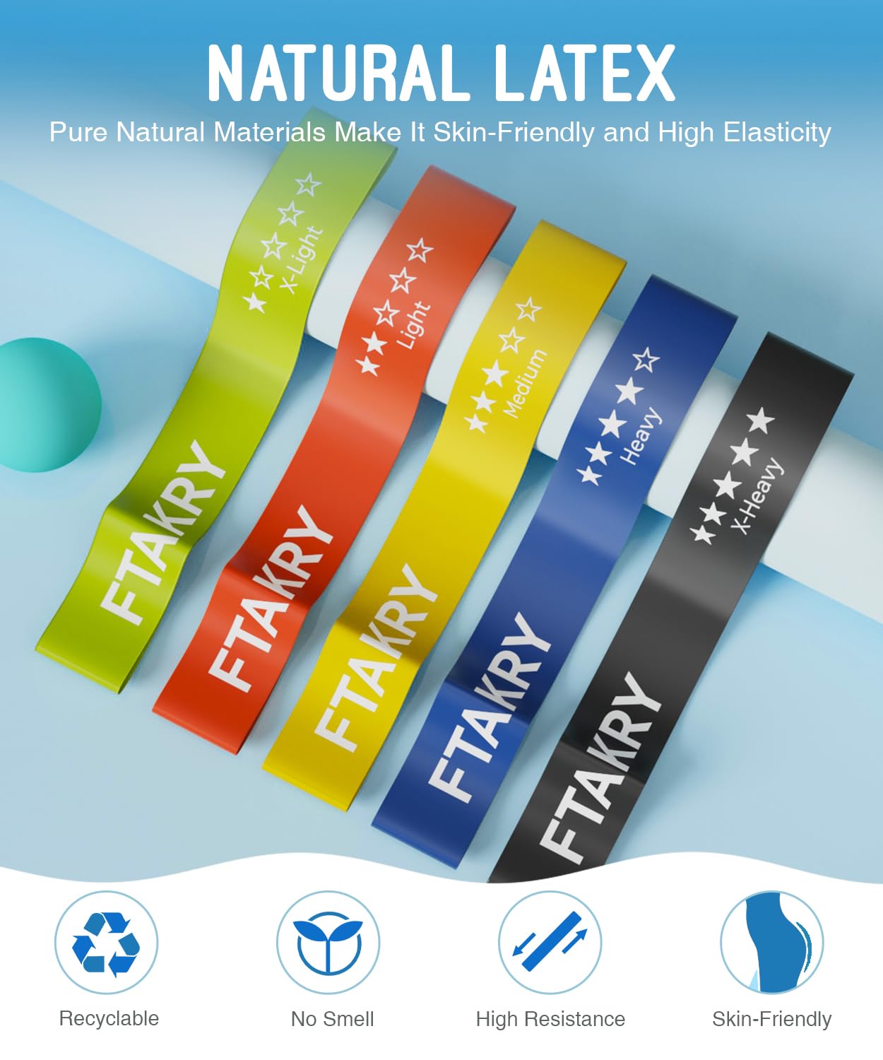 FTAKRY Resistance Bands for Working Out, Exercise Bands with 5 Resistance Levels, Natural Latex Resistance Bands Designed for Home Fitness, Strength Training and Flexibility Exercises (Assorted)