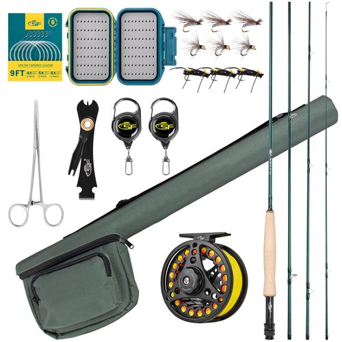 SF Fly Fishing Rod Combo Starter Kit - 4 Piece 4WT 8FT Emerald Green 24T Carbon Fiber Trout Rod with Reel, Case, Fly Box, Tapered Leader, Knot Tying Tools