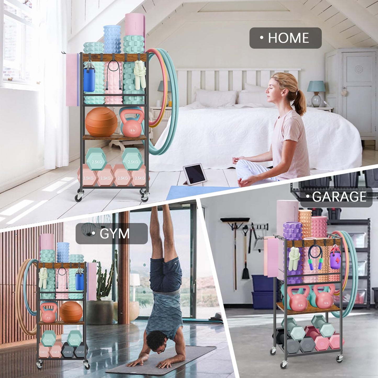 Home Gym Storage Rack, Yoga Mat Storage Racks, Workout Equipment Storage Organizer for Dumbbell Kettlebells, Exercise Shelf with Hooks and Wheels(Rustic Brown)