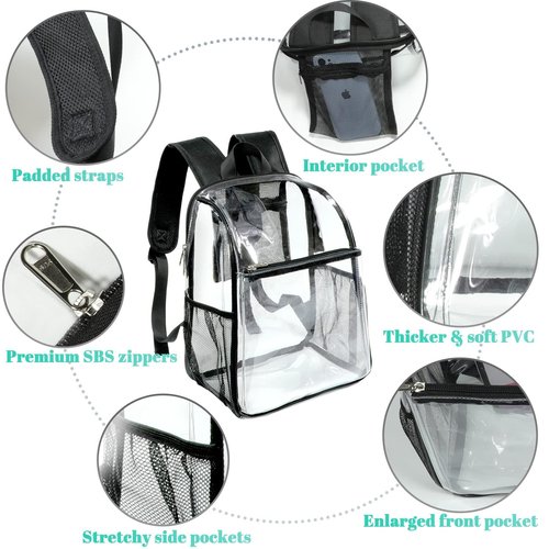 SPODEARS Clear Backpack for Stadium Events, Concerts & Travel - 12"x10" Transparent Backpack with Side Pockets, Adjustable Straps & Front Pocket