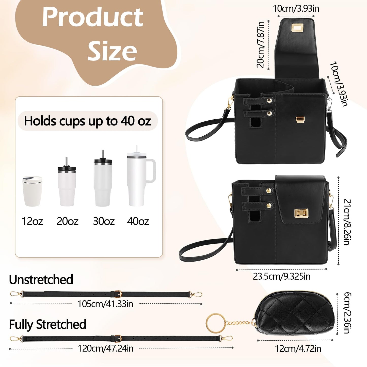 FACULX Outdoor Portable Crossbody Water Cup Storage Bag, Adjustable Crossbody Cup Holder Bag with Coin Purse and 2Pcs Replaceable Bag strap for Travel Daily Use (Black)