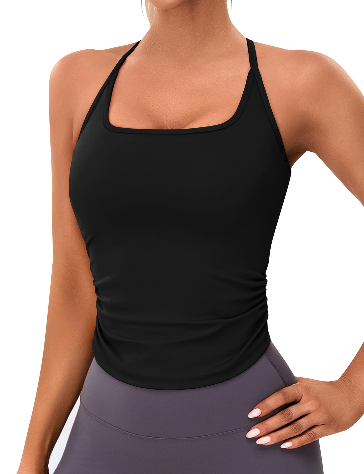 BMJL Womens Workout Tank Tops Built in Bra Ruched Gym Tops Racerback Athletic Yoga Shirts(S,Black)