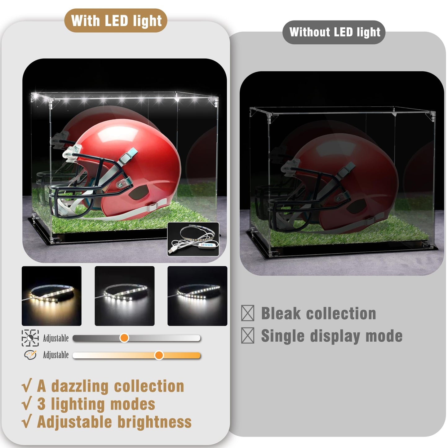 Full Size Football Helmet Display Case with 3-Modes LED Lights & Turf Base – Acrylic Showcase with Mirror Back, Gold Risers, UV Protection – Perfect for Sports Memorabilia & Collectibles