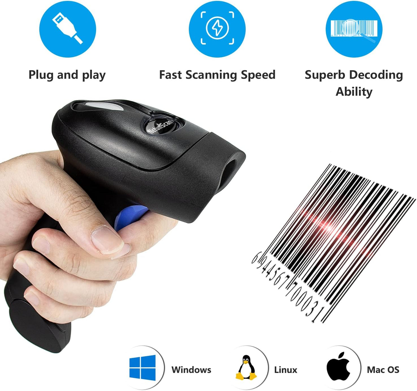 Wireless 1D 2D Barcode Scanner with Stand, NetumScan Portable Automatic QR Code Scanner Supports Screen Scan Handheld CMOS Image Bar Code Reader with USB Receiver for Warehouse POS and Computer