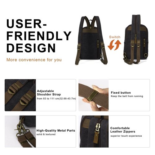 KouLi Buir Canvas Sling bag,Small Crossbody Backpack,Convertible Chest Bag Casual Daypack For Outdoor Cycling Hiking Travel (B2463-Black)
