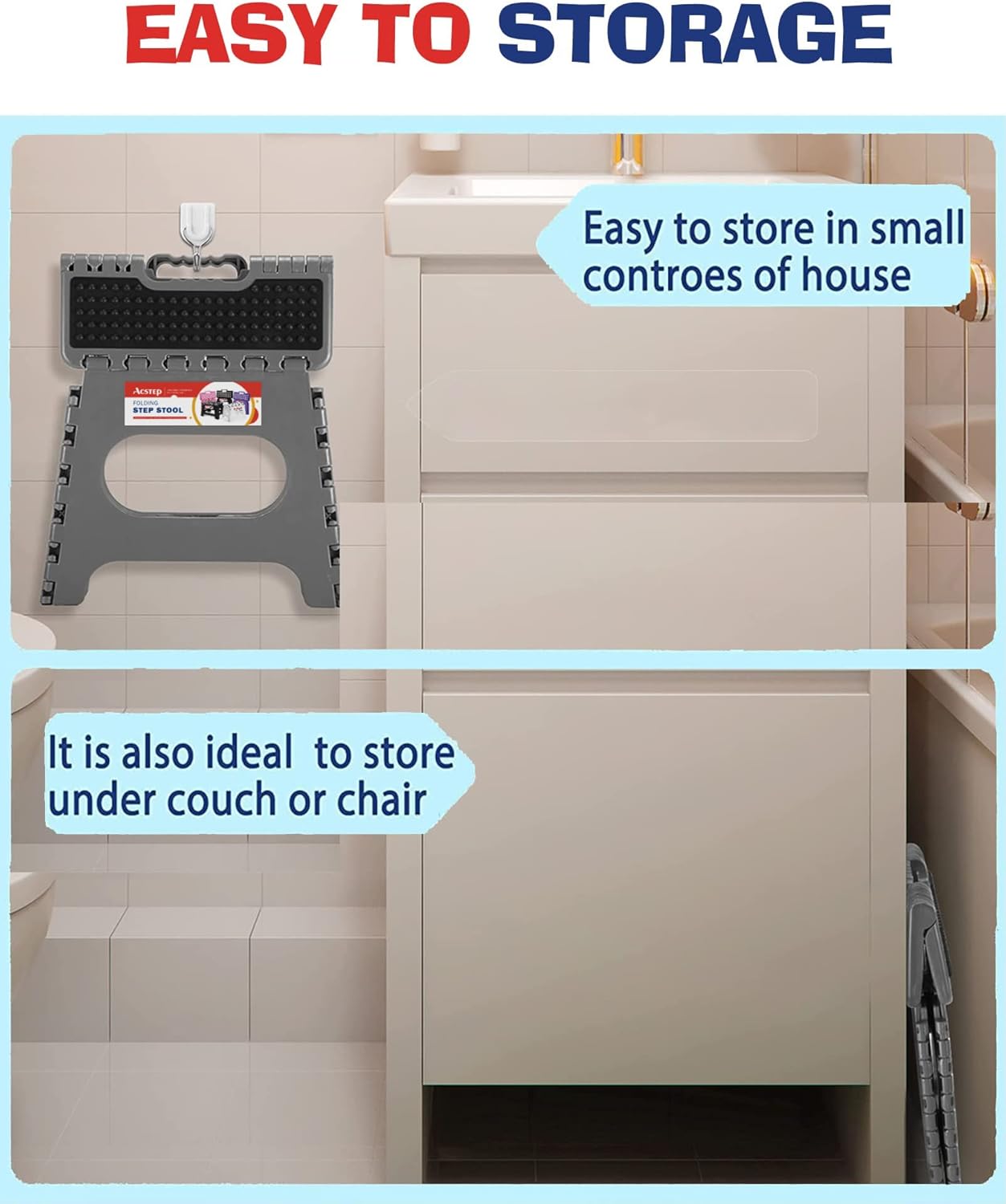 ACSTEP Folding Step Stool Foldable Stool 7.5 Inch Height Kids Step Stool, 300 lb Capacity Plastic Collapsible Stool, Stepping Stool with Handle Black Small Step Stool, Foot Stool Suitable for Kitchen